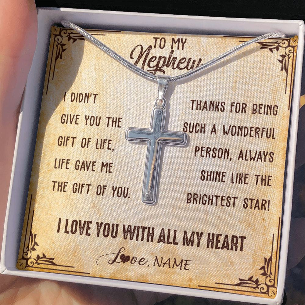 Stainless Cross Necklace | Personalized To My Nephew Necklace From Aunt Uncle Auntie I Love You With All My Heart Nephew Birthday Christmas Jewelry Customized Gift Box Message Card | siriusteestore