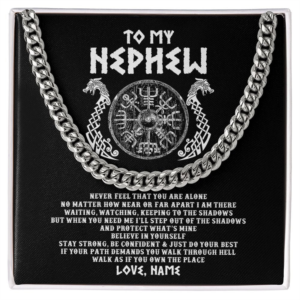 Cuban Link Chain Necklace | Personalized To My Nephew Necklace Viking Never Feel You Are Alone Odin Scandinavian Norse Runes Nephew Birthday Christmas Customized Gift Message Card | siriusteestore