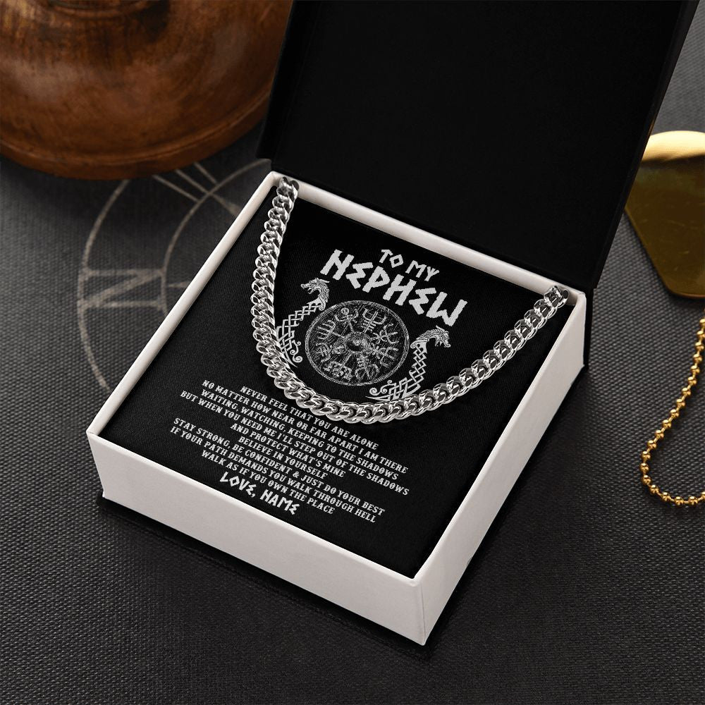 Cuban Link Chain Necklace | Personalized To My Nephew Necklace Viking Never Feel You Are Alone Odin Scandinavian Norse Runes Nephew Birthday Christmas Customized Gift Message Card | siriusteestore