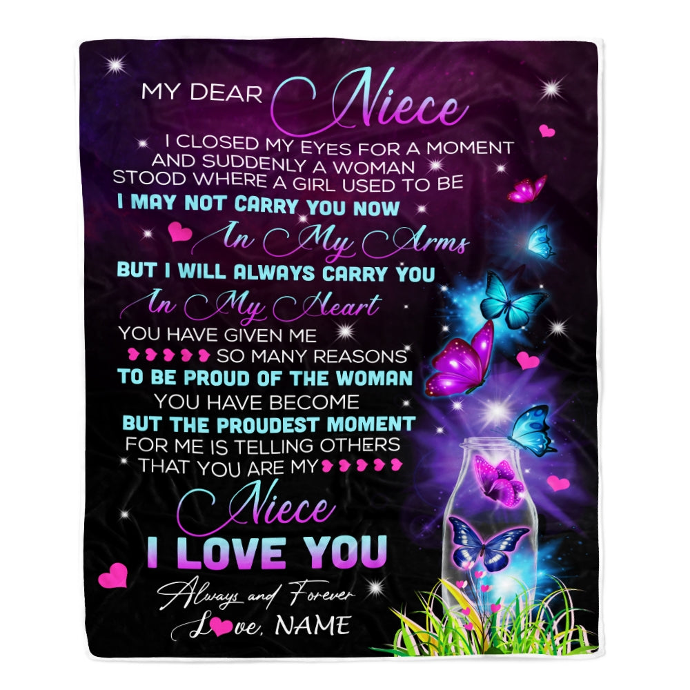 Personalized To My Niece Blanket From Uncle Aunt Butterfly Proud Of The Woman Niece Birthday Thanksgiving Christmas Customized Bed Quilt Fleece Throw Blanket | siriusteestore