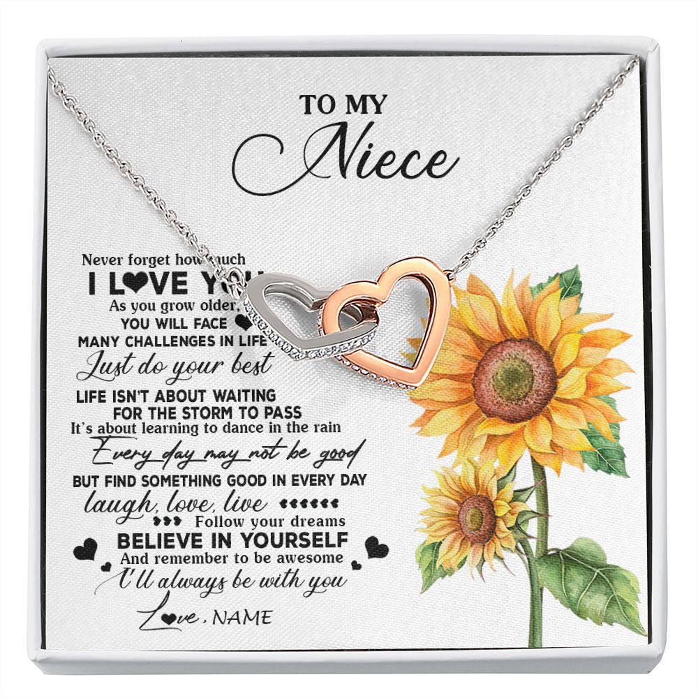 Interlocking Hearts Necklace | Personalized To My Niece Necklace From Aunt Auntie Auntie Sunflower Wood Laugh Love Live Niece Birthday Graduation Christmas Customized Gift Box Message Card | siriusteestore