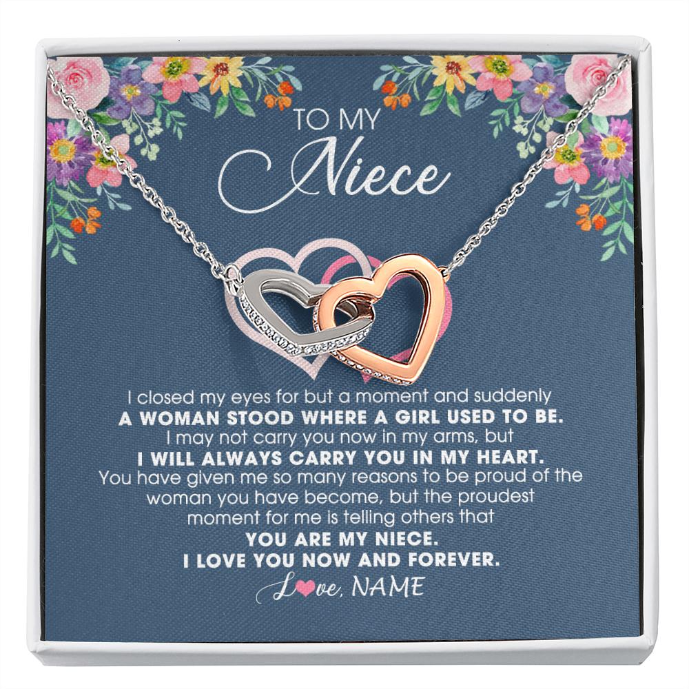 Interlocking Hearts Necklace | Personalized To My Niece Necklace From Aunt Auntie Uncle I Love You Now And Forever Jewelry For Niece Birthday Graduation Christmas Customized Message Card | siriusteestore