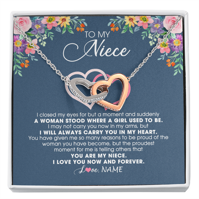 Interlocking Hearts Necklace | Personalized To My Niece Necklace From Aunt Auntie Uncle I Love You Now And Forever Jewelry For Niece Birthday Graduation Christmas Customized Message Card | siriusteestore