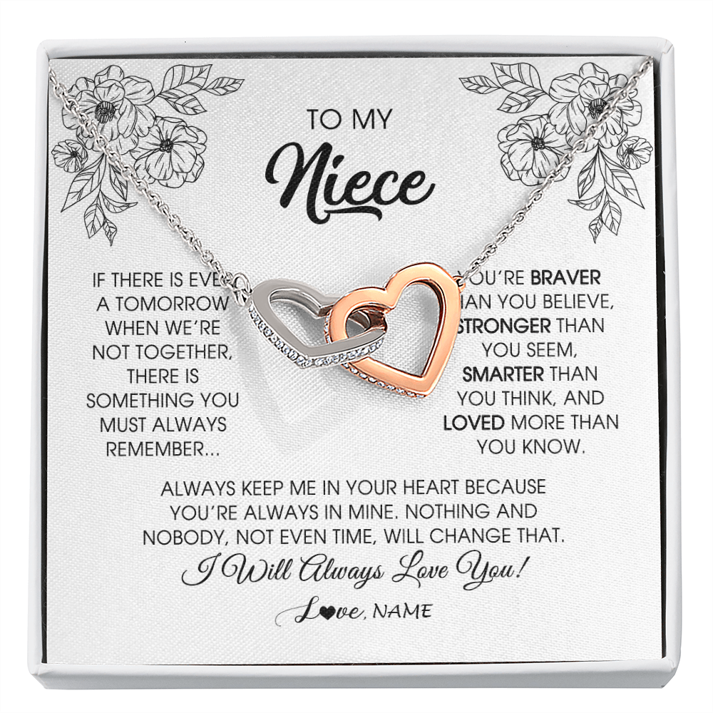 Interlocking Hearts Necklace | Personalized To My Niece Necklace From Aunt Auntie Uncle You're Braver Stronger Smarter Niece Birthday Christmas Customized Jewelry Gift Box Message Card | siriusteestore