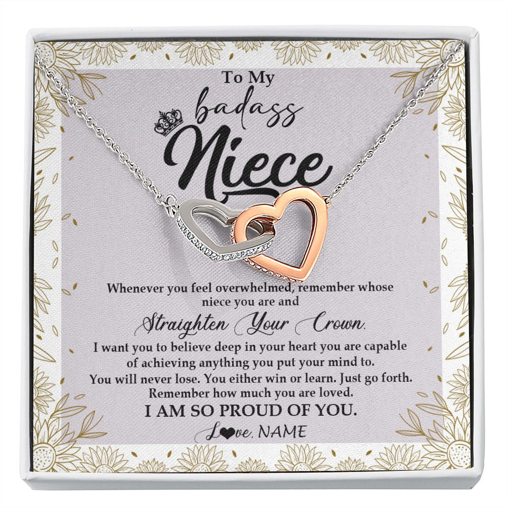 Interlocking Hearts Necklace | Personalized To My Niece Necklace From Aunt Uncle Auntie Straighten Your Crown Niece Birthday Christmas Graduation Jewelry Customized Gift Box Message Card | siriusteestore