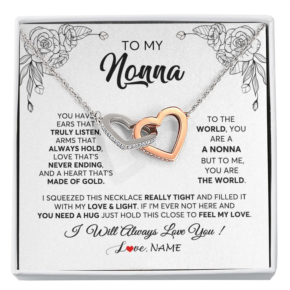 Interlocking Hearts Necklace | Personalized To My Nonna Necklace From Grandkids Granddaughter Hold This Close Feel My Love Nonna Birthday Mothers Day Jewelry Customized Gift Box Message Card | siriusteestore