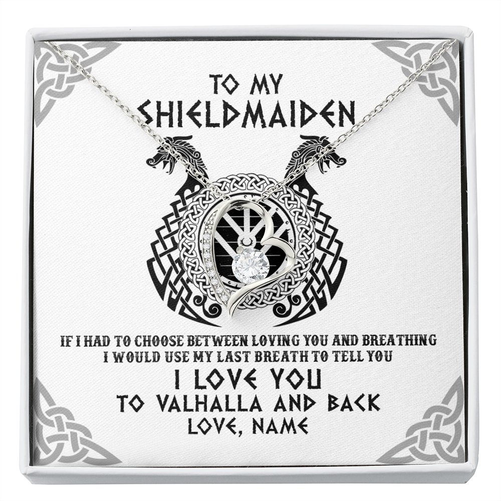 Forever Love Necklace | Personalized To My Shieldmaiden Necklace From Husband I Love You to Valhalla Viking Jewelry Women Birthday Wife Girlfriend Anniversary Customized Message Card | siriusteestore