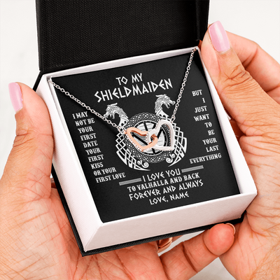 Interlocking Hearts Necklace | Personalized To My Shieldmaiden Necklace I Love You to Valhalla and Back Viking Jewelry For Women Birthday Wife Girlfriend Anniversary Customized Message Card | siriusteestore