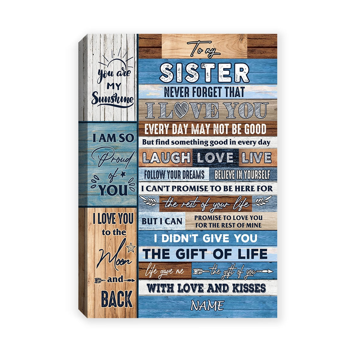 Personalized To My Sister Canvas From Brother Sister I Love You Wood Sister Birthday Christmas Thanksgiving Graduation Custom Wall Art Print Home Decor Framed Canvas | siriusteestore