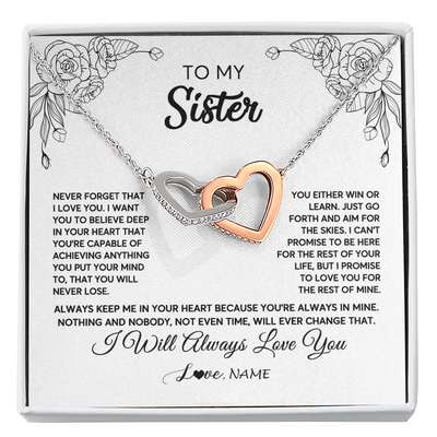 Interlocking Hearts Necklace | Personalized To My Sister Necklace From Brother Never Forget That I Love You Sister Birthday Graduation Christmas Jewelry Customized Gift Box Message Card | siriusteestore