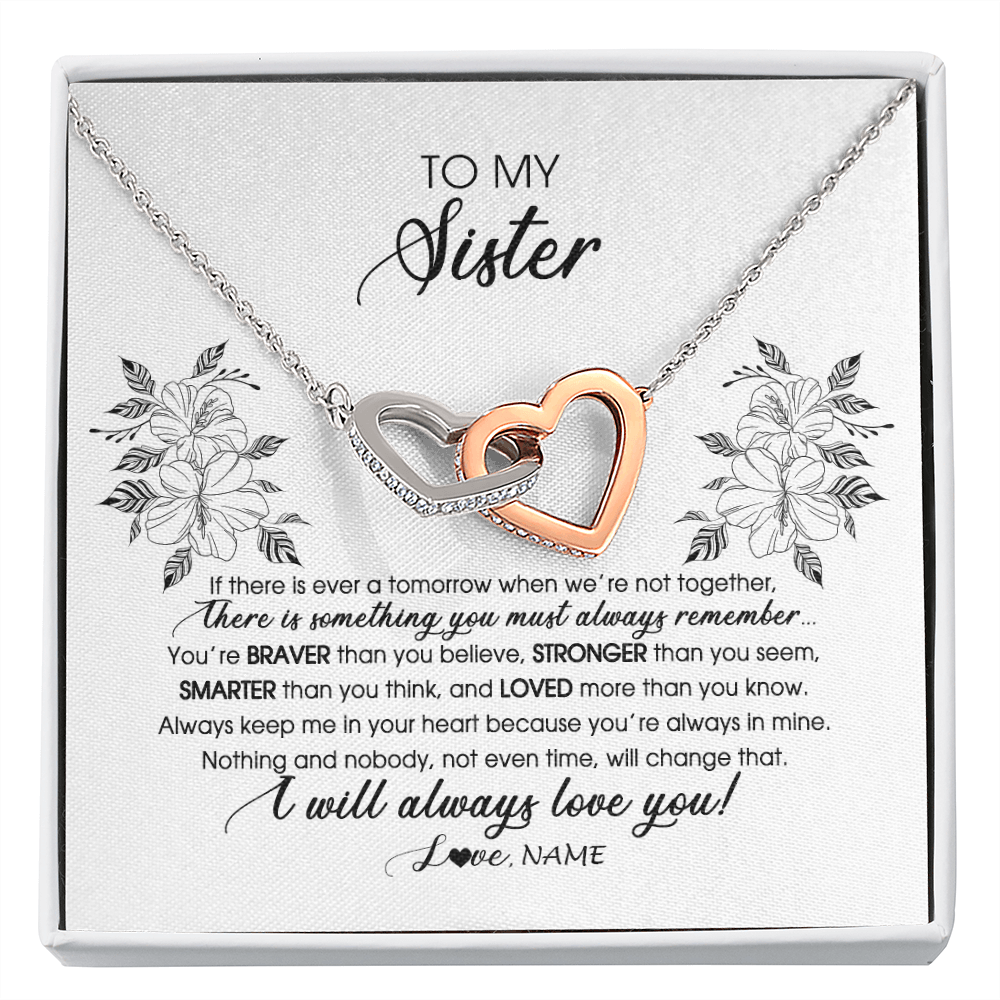 Interlocking Hearts Necklace | Personalized To My Sister Necklace From Brother Sister Not Even Time Floral Sister Birthday Graduation Christmas Customized Message Card | siriusteestore