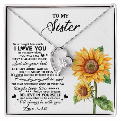 Forever Love Necklace | Personalized To My Sister Necklace From Brother Sunflower Wood Laugh Love Live Sister Birthday Graduation Christmas Customized Gift Box Message Card | siriusteestore