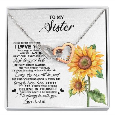 Interlocking Hearts Necklace | Personalized To My Sister Necklace From Brother Sunflower Wood Laugh Love Live Sister Birthday Graduation Christmas Customized Gift Box Message Card | siriusteestore
