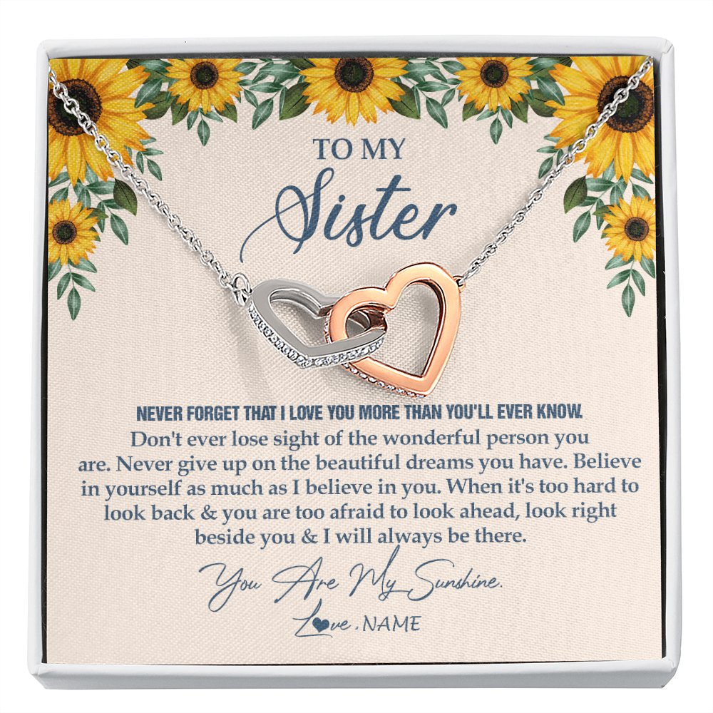 Interlocking Hearts Necklace | Personalized To My Sister Necklace From Brother Sunflower You Are My Sunshine Sister Jewelry Graduation Birthday Christmas Customized Gift Box Message Card | siriusteestore