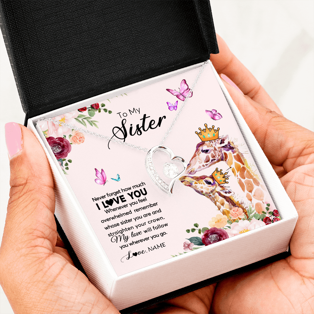 Forever Love Necklace | Personalized To My Sister Necklace Giraffe Never Forget How Much I Love You Sister Jewelry Birthday Graduation Christmas Customized Gift Box Message Card | siriusteestore