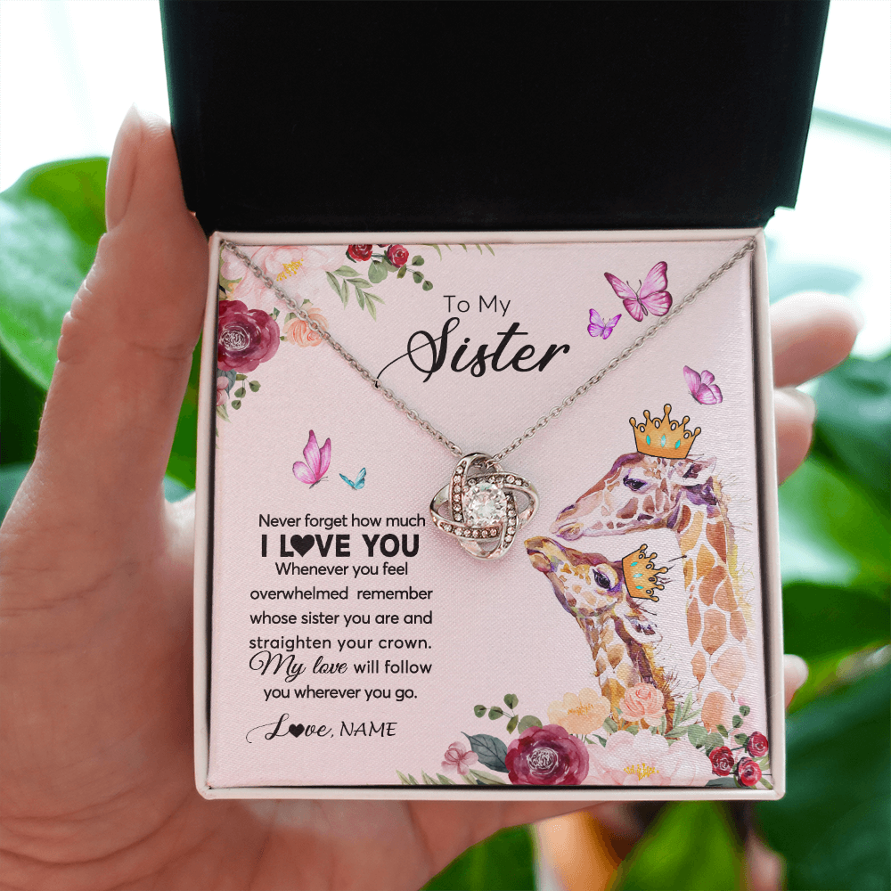 Love Knot Necklace | Personalized To My Sister Necklace Giraffe Never Forget How Much I Love You Sister Jewelry Birthday Graduation Christmas Customized Gift Box Message Card | siriusteestore