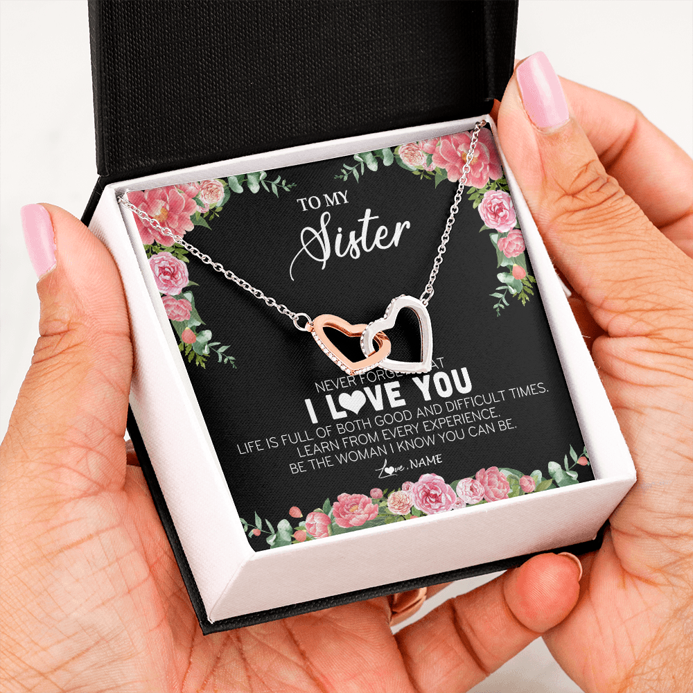Interlocking Hearts Necklace | Personalized To My Sister Necklace from Brother Sister Never Forget I Love You Floral Jewelry for Sister Birthday Graduation Christmas Customized Message Card | siriusteestore