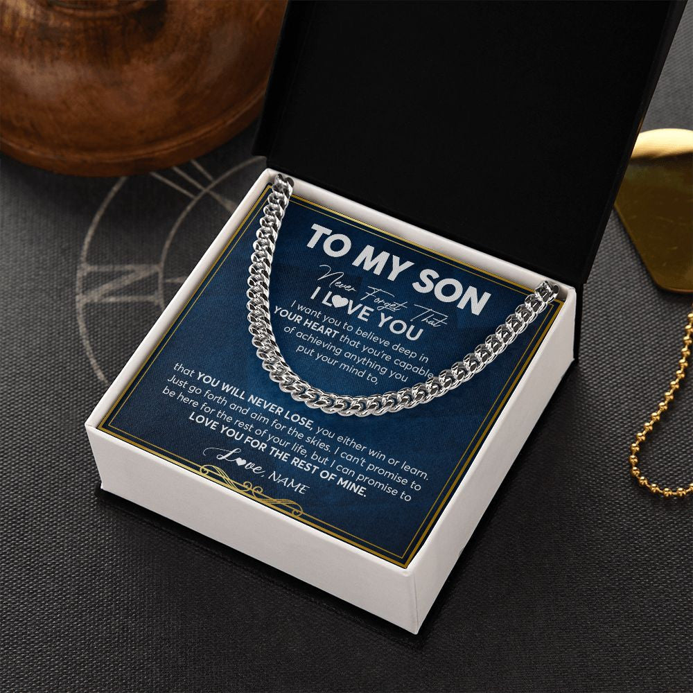 Cuban Link Chain Necklace | Personalized To My Son Cuban Necklace From Mom Dad Mother Father Never Forget That I Love You Son Birthday Christmas Customized Gift Box Message Card | siriusteestore