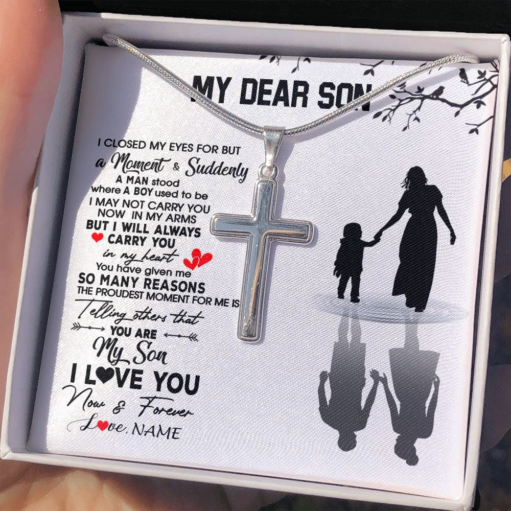 Stainless Cross Necklace | Personalized To My Son Necklace From Mom Mother I Love You Letters For Him Son Birthday Graduation Christmas Customized Gift Box Message Card | siriusteestore