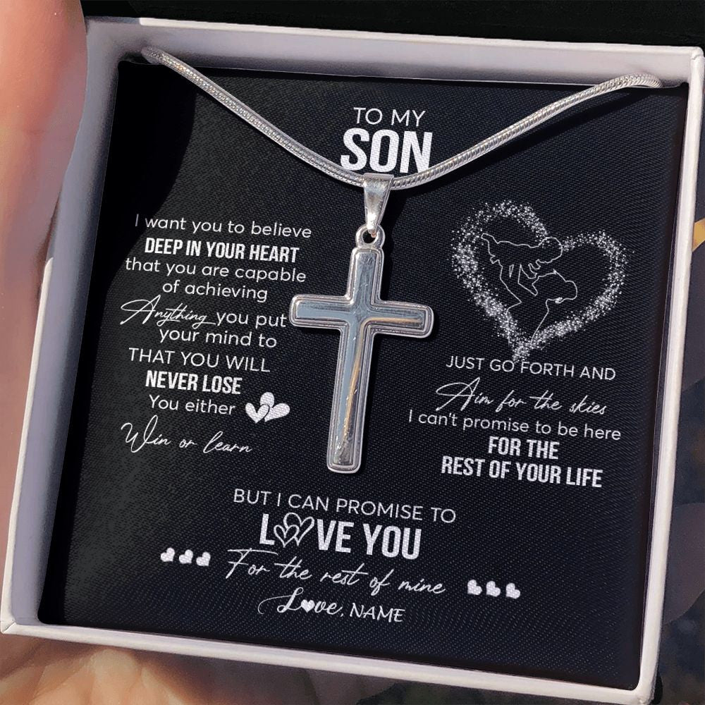 Stainless Cross Necklace | Personalized To My Son Necklace From Mom Mother Promise To Love You Son Birthday Graduation Christmas Pendant Customized Gift Box Message Card | siriusteestore