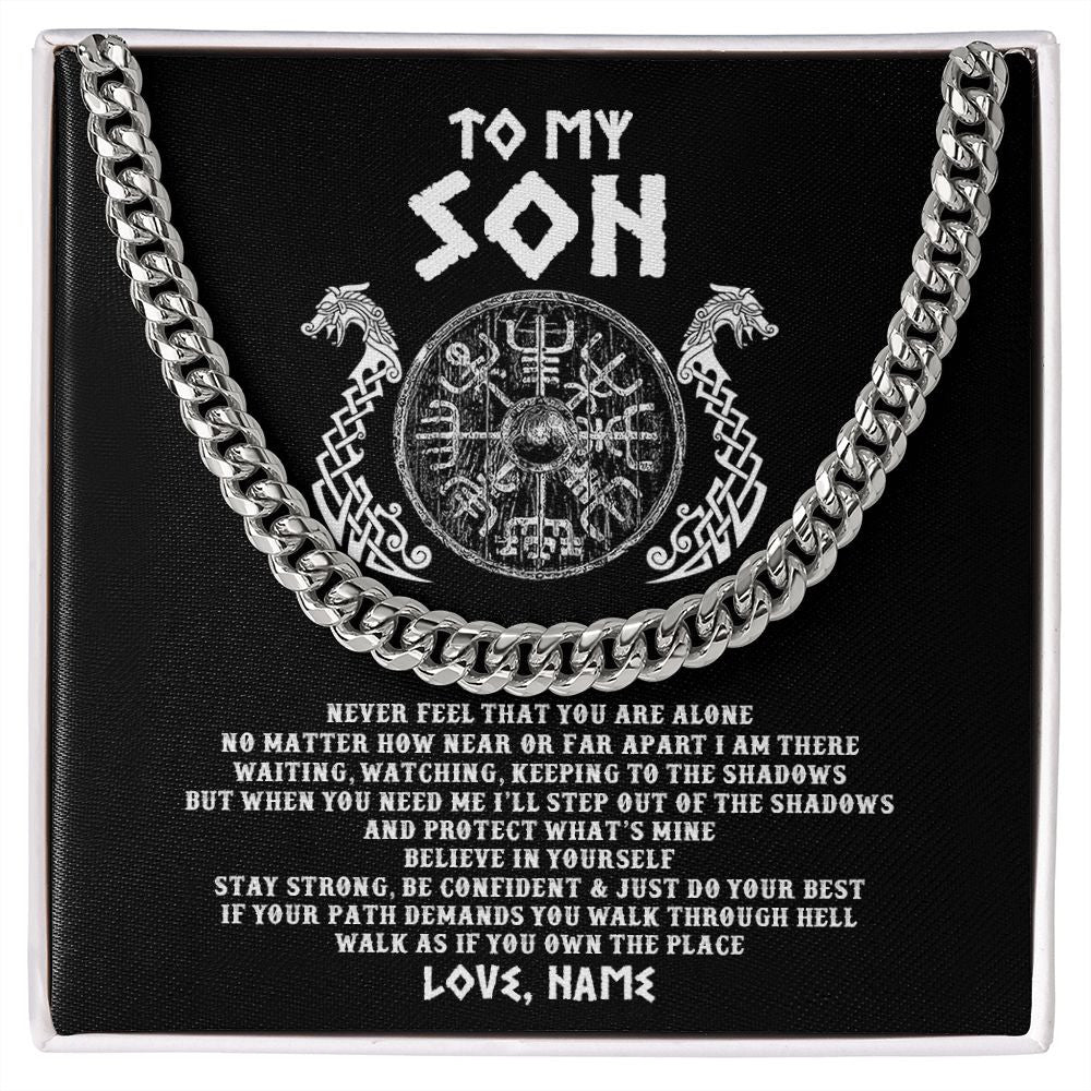 Cuban Link Chain Necklace | Personalized To My Son Necklace Viking Never Feel You Are Alone Odin Scandinavian Norse Runes End Son Birthday Christmas Customized Gift Box Message Card | siriusteestore
