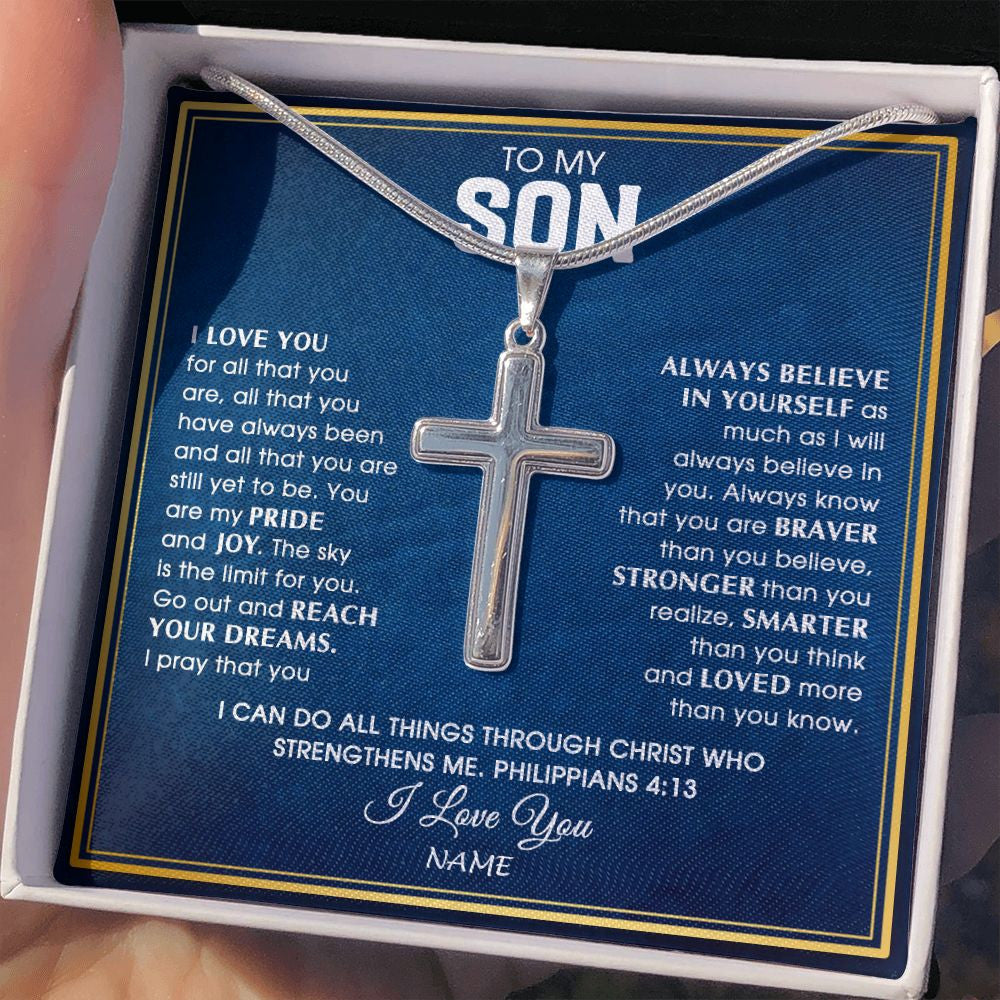 Stainless Cross Necklace | Personalized To My Son Necklace from Mom Dad Father I Love You For All That You Are Son Birthday Graduation Christmas Jewelry Customized Gift Box Message Card | siriusteestore