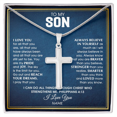 Stainless Cross Necklace | Personalized To My Son Necklace from Mom Dad Father I Love You For All That You Are Son Birthday Graduation Christmas Jewelry Customized Gift Box Message Card | siriusteestore