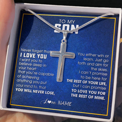 Stainless Cross Necklace | Personalized To My Son Necklace from Mom Dad Father Never Forget That I Love You Son Birthday Graduation Christmas Jewelry Customized Gift Box Message Card | siriusteestore