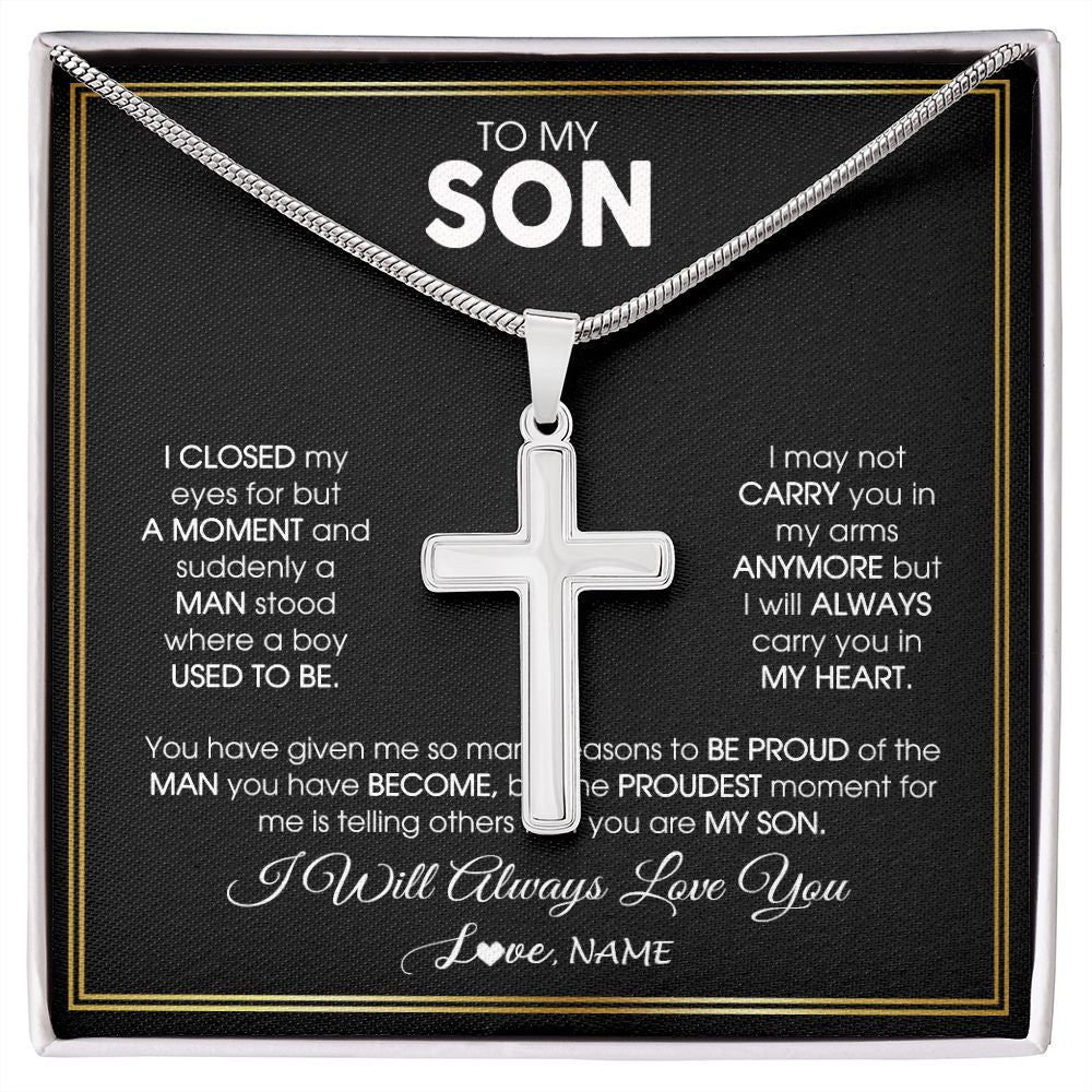 Stainless Cross Necklace | Personalized To My Son Necklace from Mom Mother Fahter Dad I Closed My Eyes For A Moment Son Birthday Graduation Christmas Customized Gift Box Message Card | siriusteestore