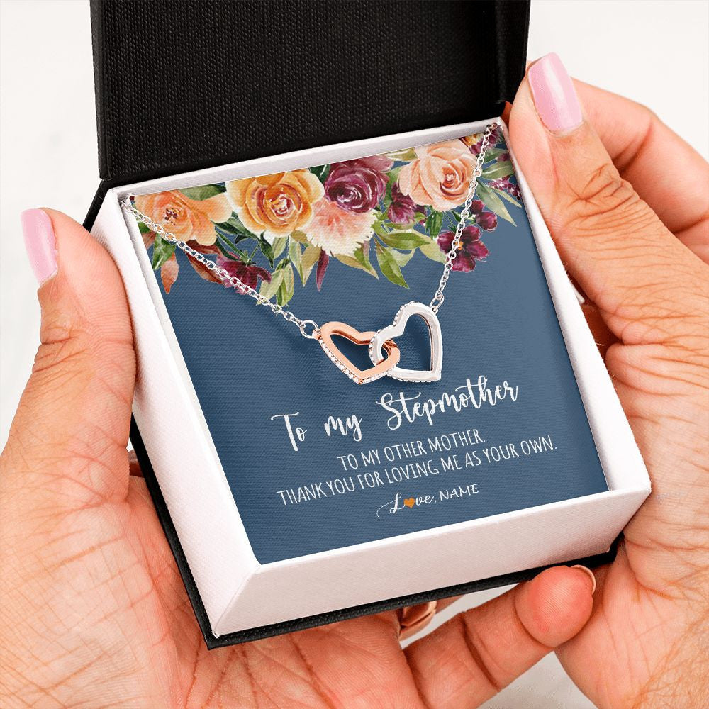 Interlocking Hearts Necklace | Personalized To My Stepmother Necklace Thank You For Loveing Me As Your Own Bonus Mom Stepmom Birthday Mothers Day Christmas Customized Gift Box Message Card | siriusteestore