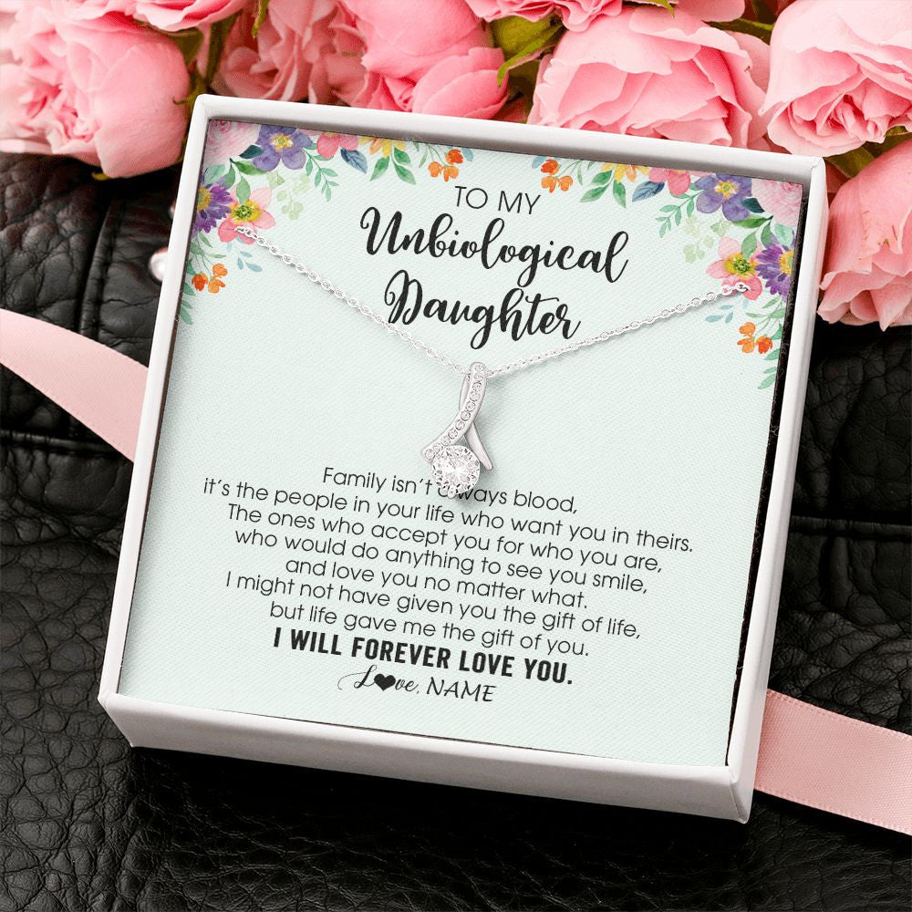 Alluring Beauty Necklace | Personalized To My Unbiological Daughter Necklace Family Isn't Always Blood Bonus Daughter Stepdaughter Birthday Christmas Customized Gift Box Message Card | siriusteestore