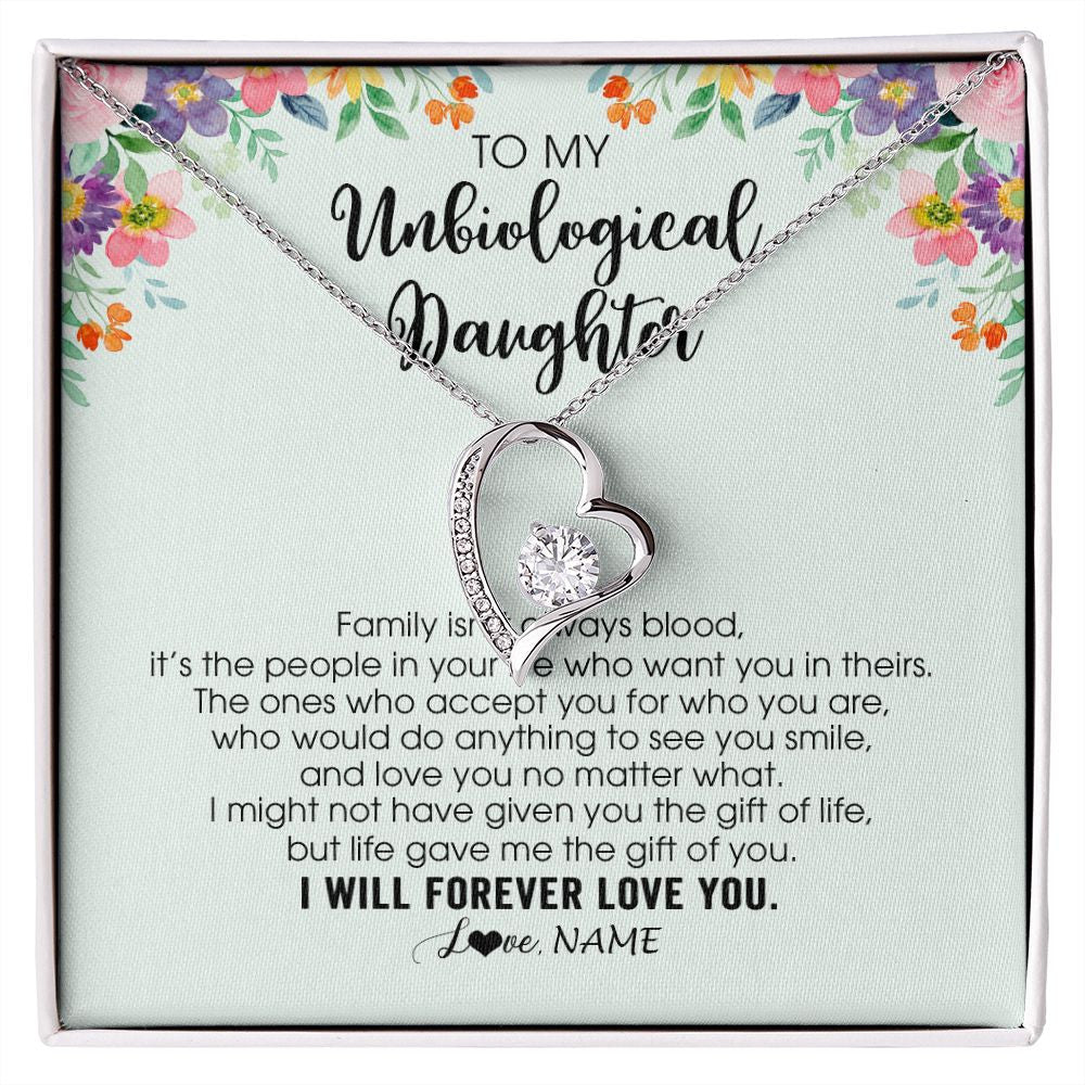Forever Love Necklace | Personalized To My Unbiological Daughter Necklace Family Isn't Always Blood Bonus Daughter Stepdaughter Birthday Christmas Customized Gift Box Message Card | siriusteestore