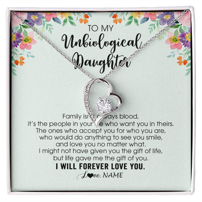 Forever Love Necklace | Personalized To My Unbiological Daughter Necklace Family Isn't Always Blood Bonus Daughter Stepdaughter Birthday Christmas Customized Gift Box Message Card | siriusteestore