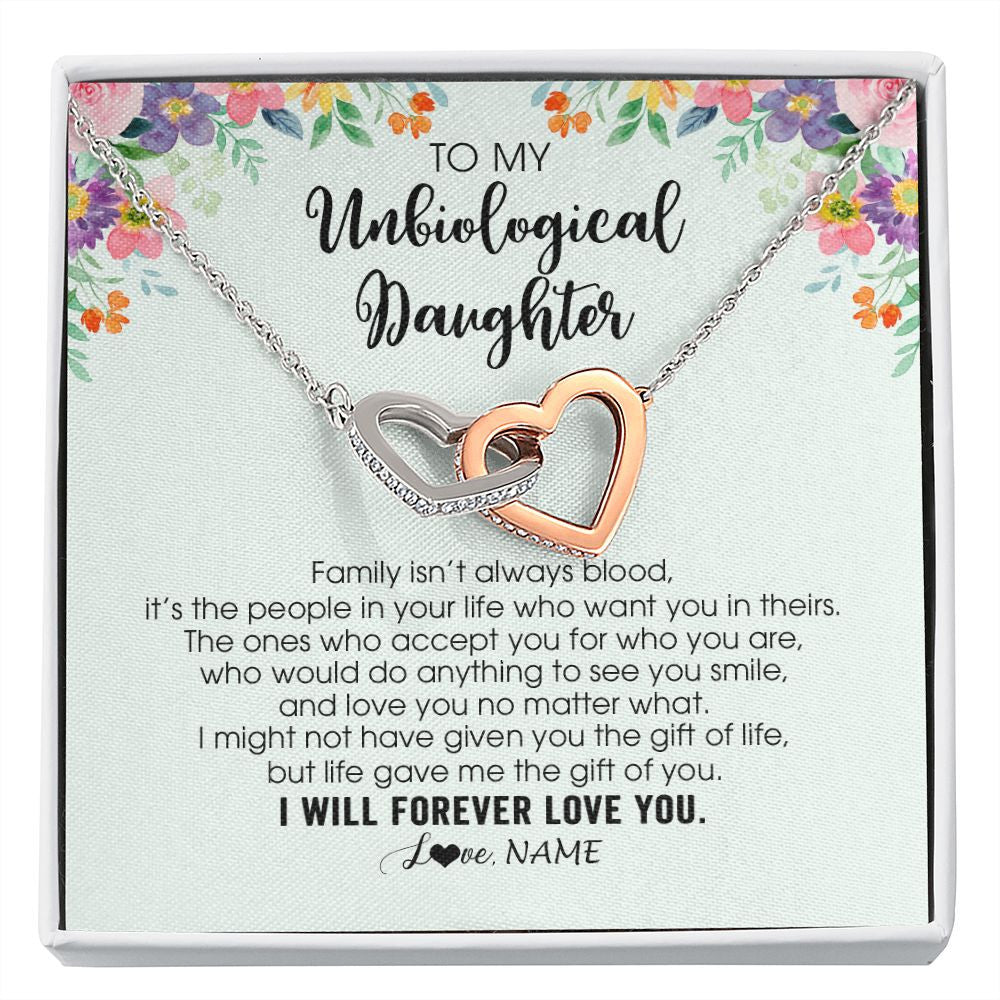 Interlocking Hearts Necklace | Personalized To My Unbiological Daughter Necklace Family Isn't Always Blood Bonus Daughter Stepdaughter Birthday Christmas Customized Gift Box Message Card | siriusteestore