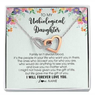Interlocking Hearts Necklace | Personalized To My Unbiological Daughter Necklace Family Isn't Always Blood Bonus Daughter Stepdaughter Birthday Christmas Customized Gift Box Message Card | siriusteestore