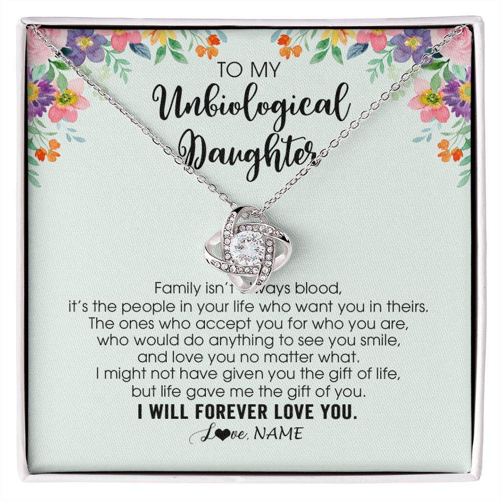 Love Knot Necklace | Personalized To My Unbiological Daughter Necklace Family Isn't Always Blood Bonus Daughter Stepdaughter Birthday Christmas Customized Gift Box Message Card | siriusteestore