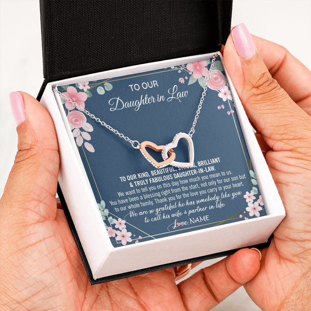 Interlocking Hearts Necklace | Personalized To Our Daughter In Law Necklace On Wedding Day For Bride From Mother In Law Daughter In Law Jewelry Wedding Day Customized Gift Box Message Card | siriusteestore