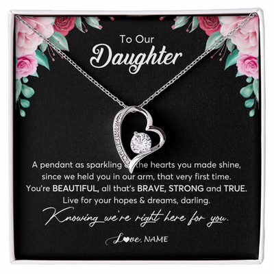 Forever Love Necklace | Personalized To Our Daughter Necklace From Mom Dad You're Beautiful Daughter Jewelry Pendant Birthday Valentines Day Christmas Customized Gift Box Message Card | siriusteestore