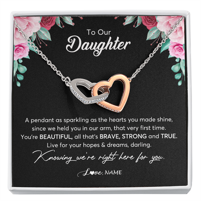 Interlocking Hearts Necklace | Personalized To Our Daughter Necklace From Mom Dad You're Beautiful Daughter Jewelry Pendant Birthday Valentines Day Christmas Customized Gift Box Message Card | siriusteestore