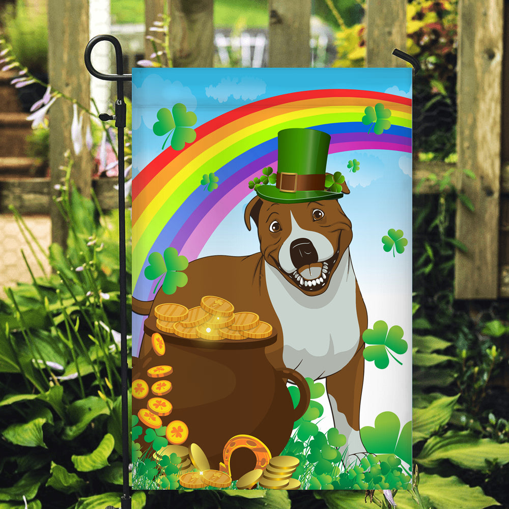 Pitbull St Patrick's Day Dog Flag Funny Peeking Dog Wear Green Hat Golden Pot Coin Shamrock Rainbow Spring Banner for Home Decor | siriusteestore