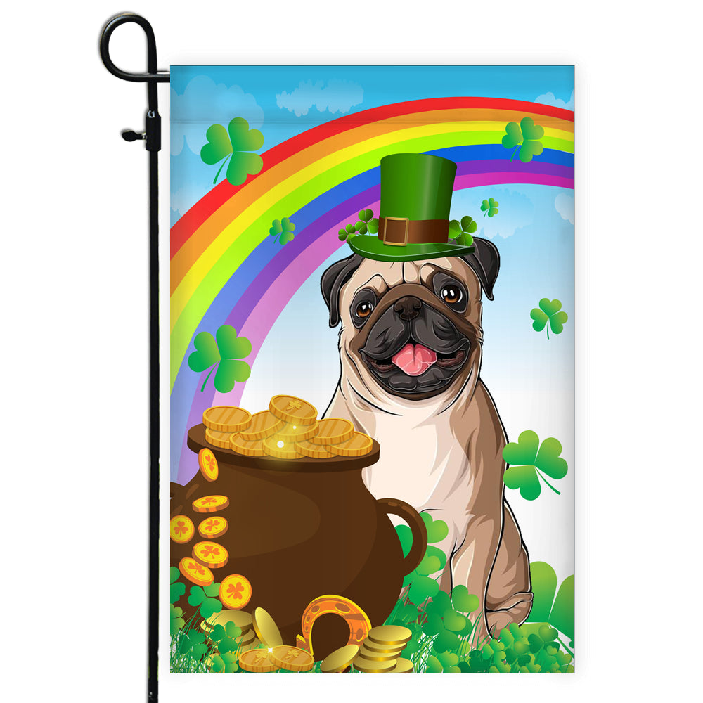 Pug St Patrick's Day Dog Flag Funny Peeking Dog Wear Green Hat Golden Pot Coin Shamrock Rainbow Spring Banner for Home Decor | siriusteestore