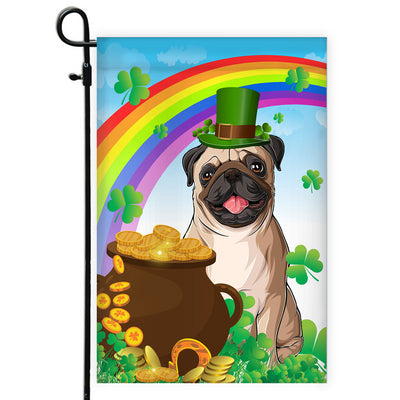 Pug St Patrick's Day Dog Flag Funny Peeking Dog Wear Green Hat Golden Pot Coin Shamrock Rainbow Spring Banner for Home Decor | siriusteestore