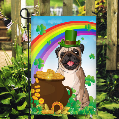 Pug St Patrick's Day Dog Flag Funny Peeking Dog Wear Green Hat Golden Pot Coin Shamrock Rainbow Spring Banner for Home Decor | siriusteestore