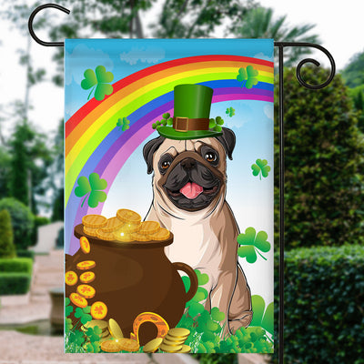Pug St Patrick's Day Dog Flag Funny Peeking Dog Wear Green Hat Golden Pot Coin Shamrock Rainbow Spring Banner for Home Decor | siriusteestore