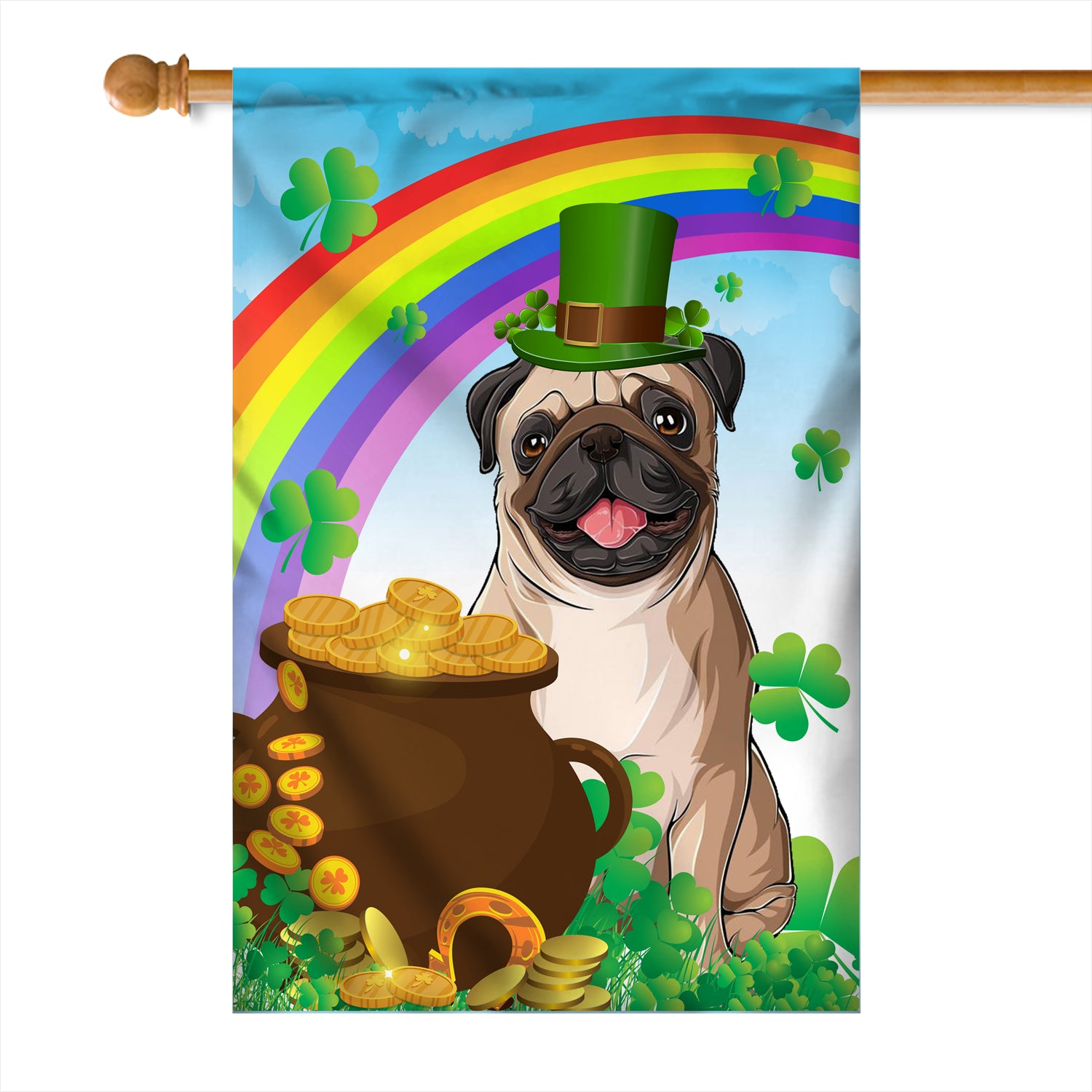 Pug St Patrick's Day Dog Flag Funny Peeking Dog Wear Green Hat Golden Pot Coin Shamrock Rainbow Spring Banner for Home Decor | siriusteestore