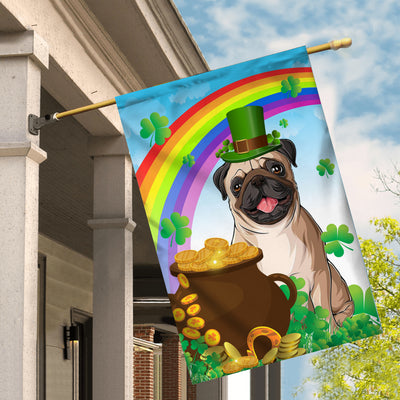 Pug St Patrick's Day Dog Flag Funny Peeking Dog Wear Green Hat Golden Pot Coin Shamrock Rainbow Spring Banner for Home Decor | siriusteestore