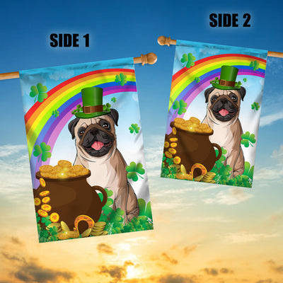 Pug St Patrick's Day Dog Flag Funny Peeking Dog Wear Green Hat Golden Pot Coin Shamrock Rainbow Spring Banner for Home Decor | siriusteestore