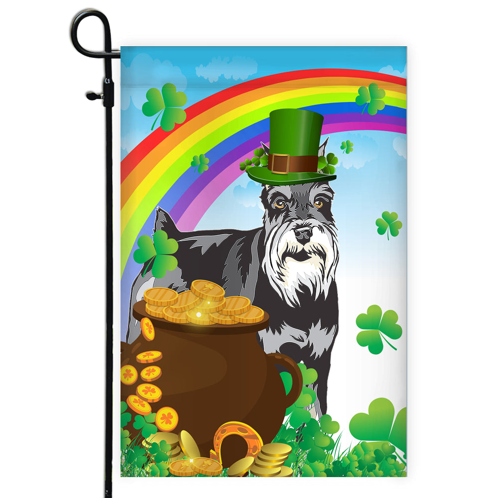 Schnauzer St Patrick's Day Dog Flag Funny Peeking Dog Wear Green Hat Golden Pot Coin Shamrock Rainbow Spring Banner for Home Decor | siriusteestore