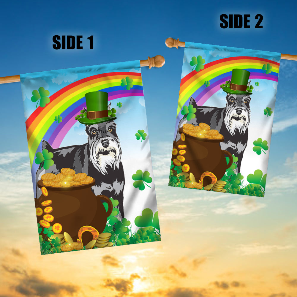 Schnauzer St Patrick's Day Dog Flag Funny Peeking Dog Wear Green Hat Golden Pot Coin Shamrock Rainbow Spring Banner for Home Decor | siriusteestore