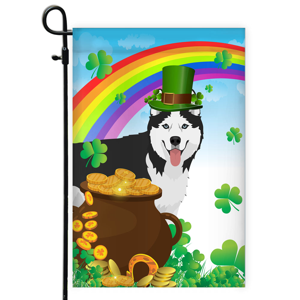 Siberian Husky St Patrick's Day Dog Flag Funny Peeking Dog Wear Green Hat Golden Pot Coin Shamrock Rainbow Spring Banner for Home Decor | siriusteestore
